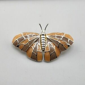 Butterfly Brooch Pin‎ Silver Tone Brown Beige Enamel Insect Jewelry